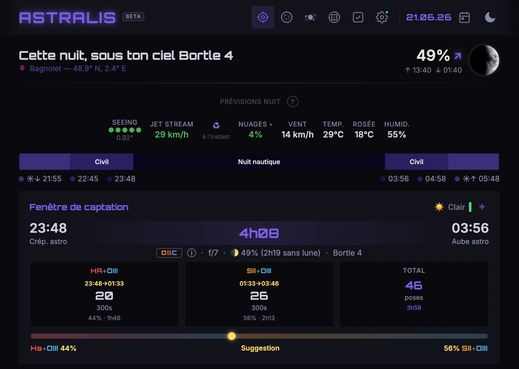 Accueil Astralis : conditions de la nuit et fenêtre de captation