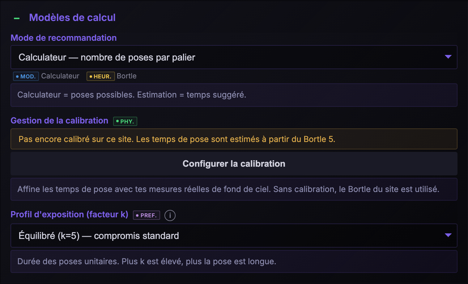 Réglages : modèles de calcul
