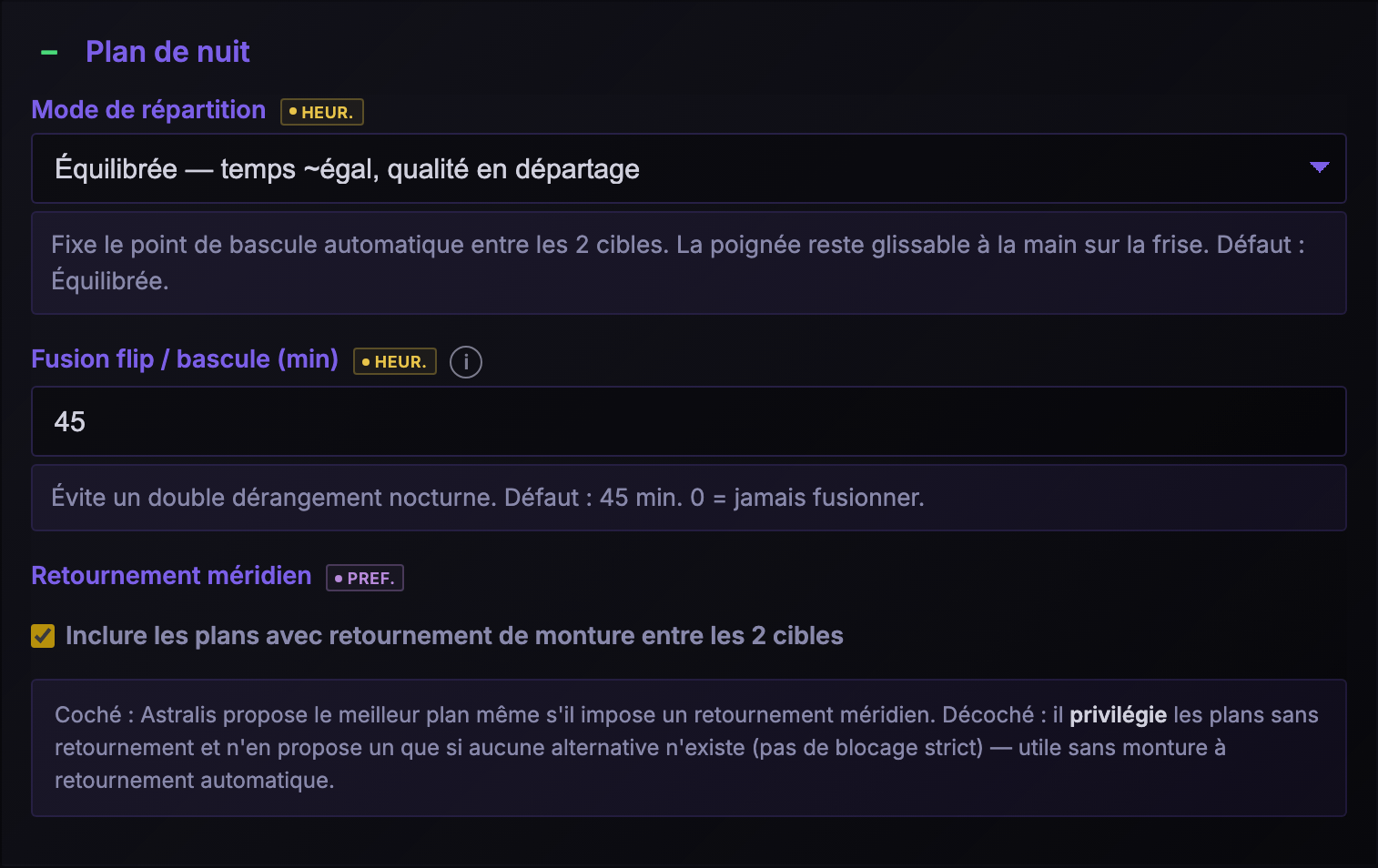 Réglages : plan de nuit
