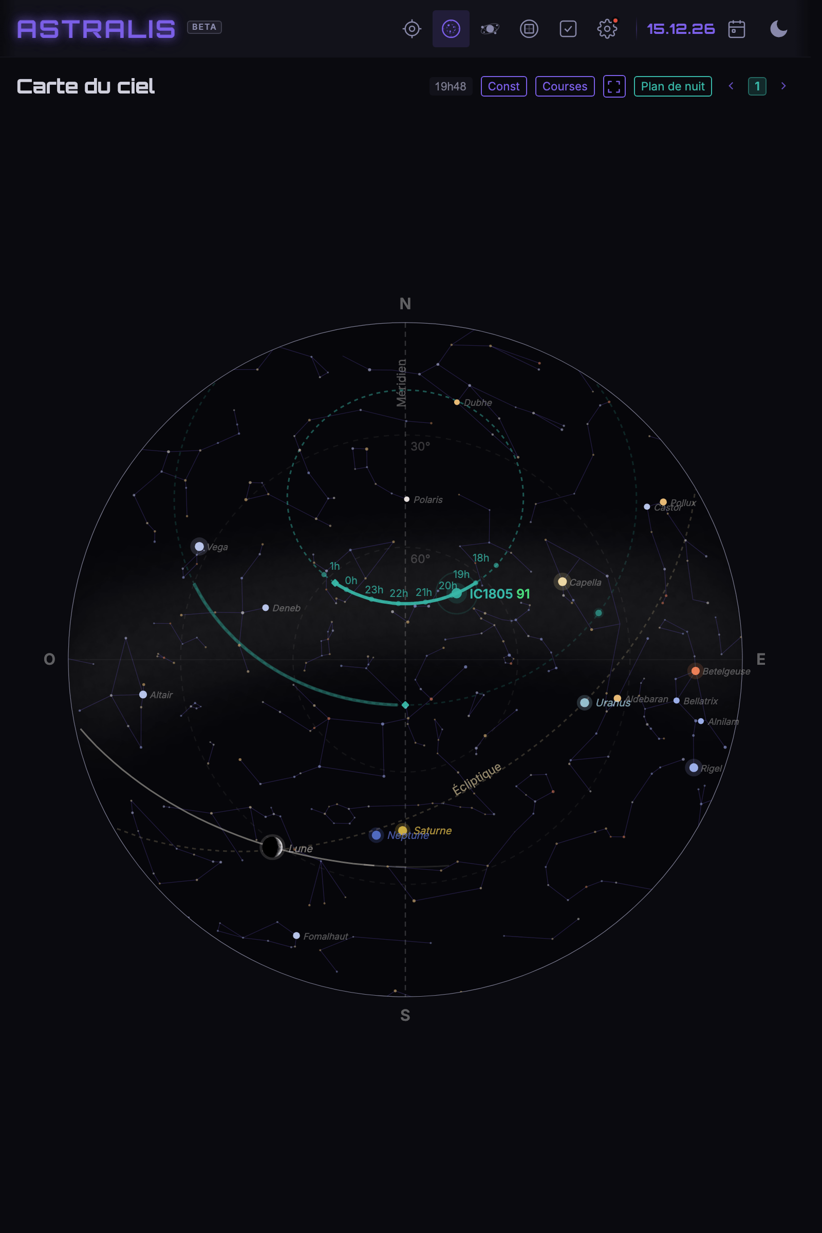 Carte du ciel : les courses du plan de nuit (2 cibles épinglées) et la Lune, avec les marqueurs horaires