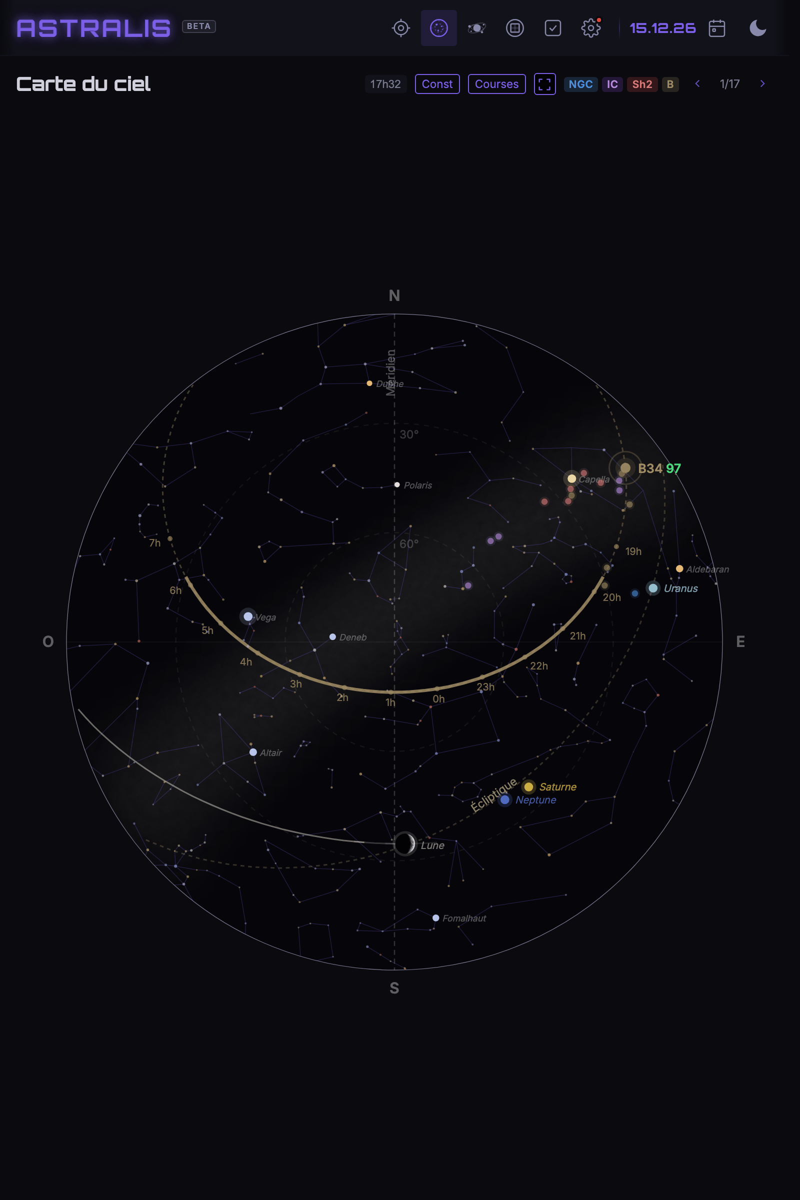 Carte du ciel avec le méridien, l'écliptique et les planètes