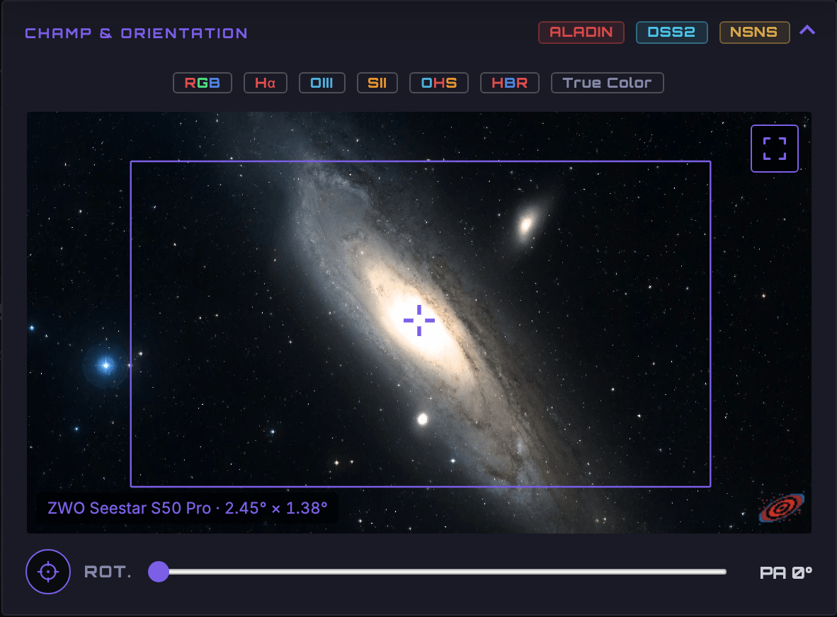 Le champ d'un Seestar S50 Pro dessiné sur la carte du viewer