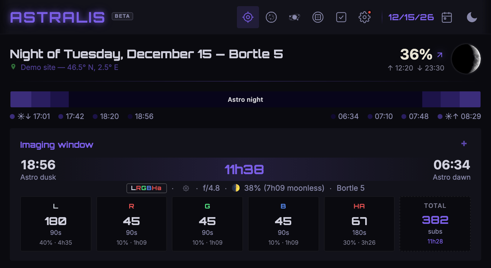Home: imaging window and suggested sub lengths