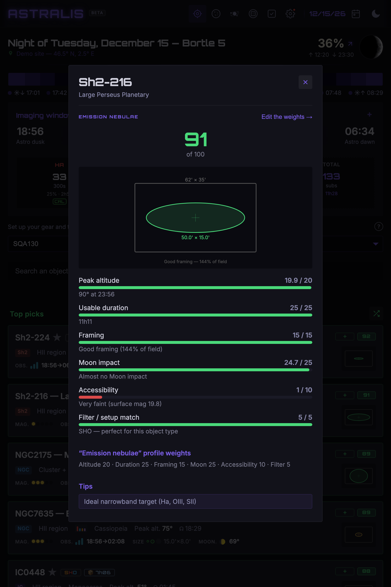 A target's score breakdown (altitude, Moon, framing…)