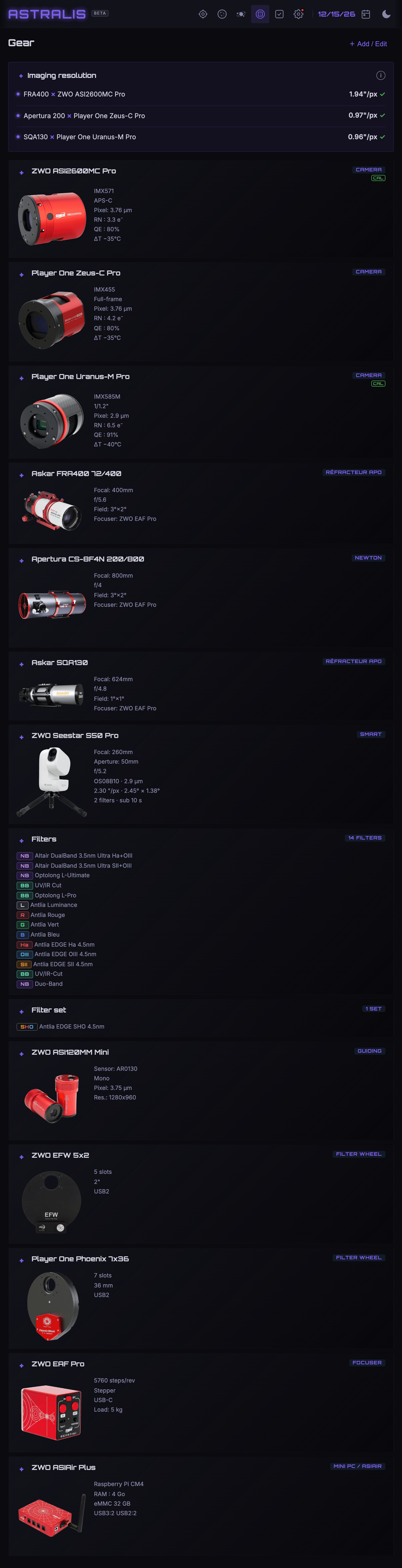 Gear page: telescopes, cameras, filters and filter wheels of the demo profile