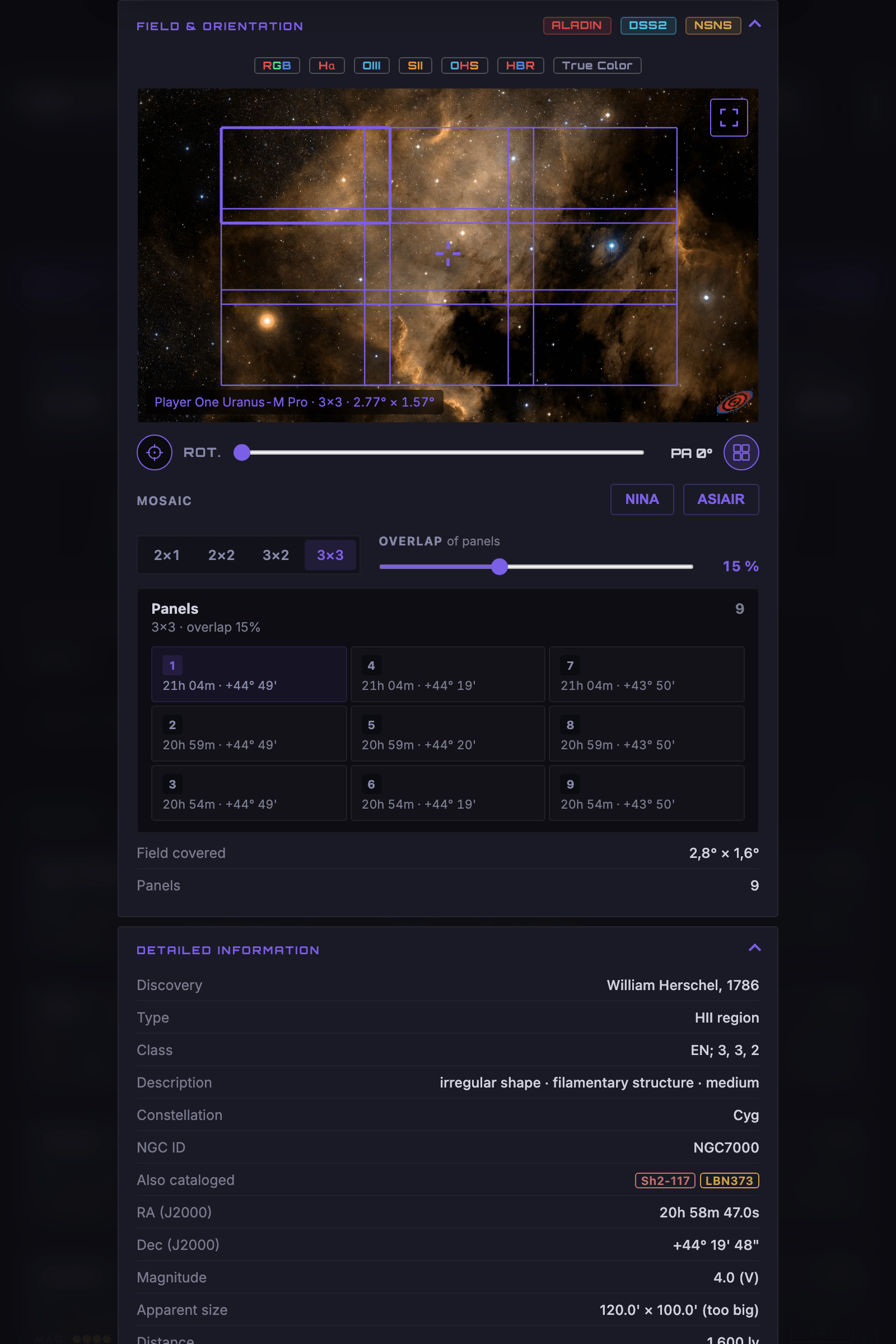 NGC 7000 as a 3×3 mosaic: panels drawn on the map, adjustable overlap and each panel's coordinates