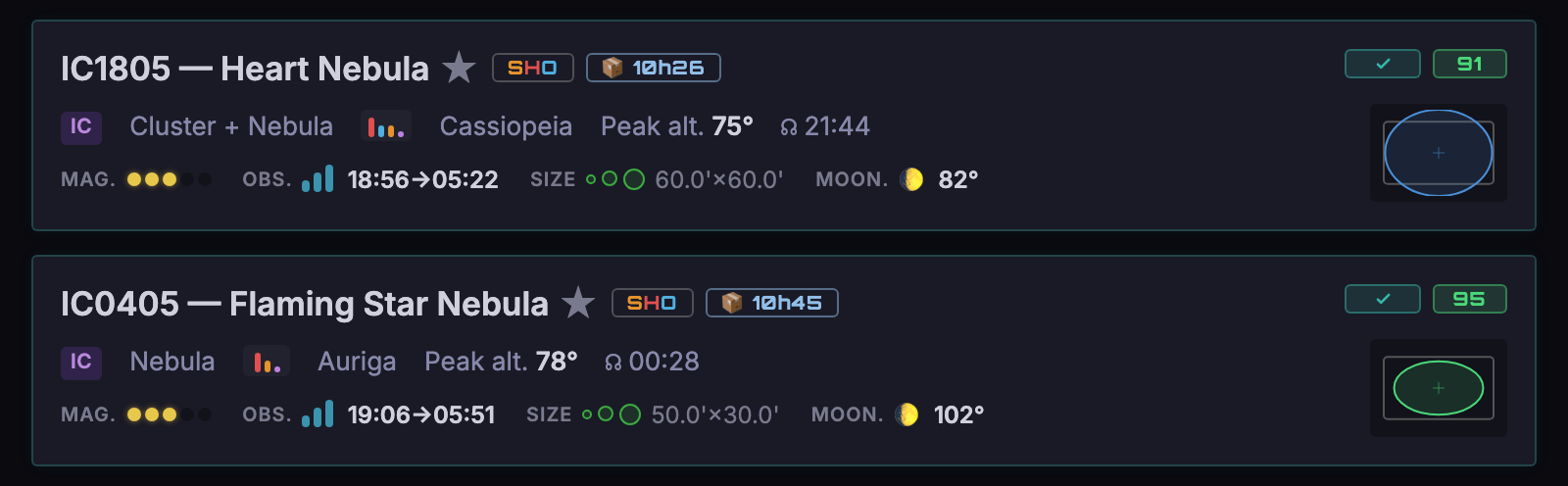 The two targets pinned for the night plan, marked with a ✓