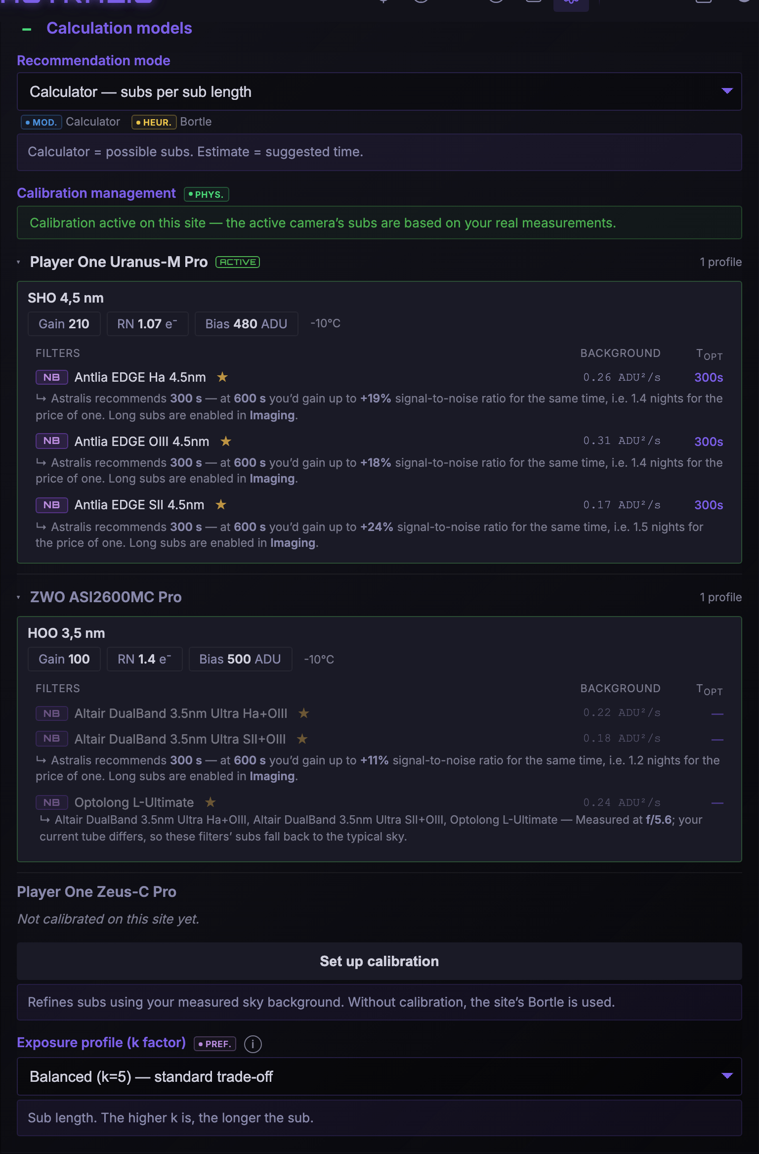 Settings: calculation models