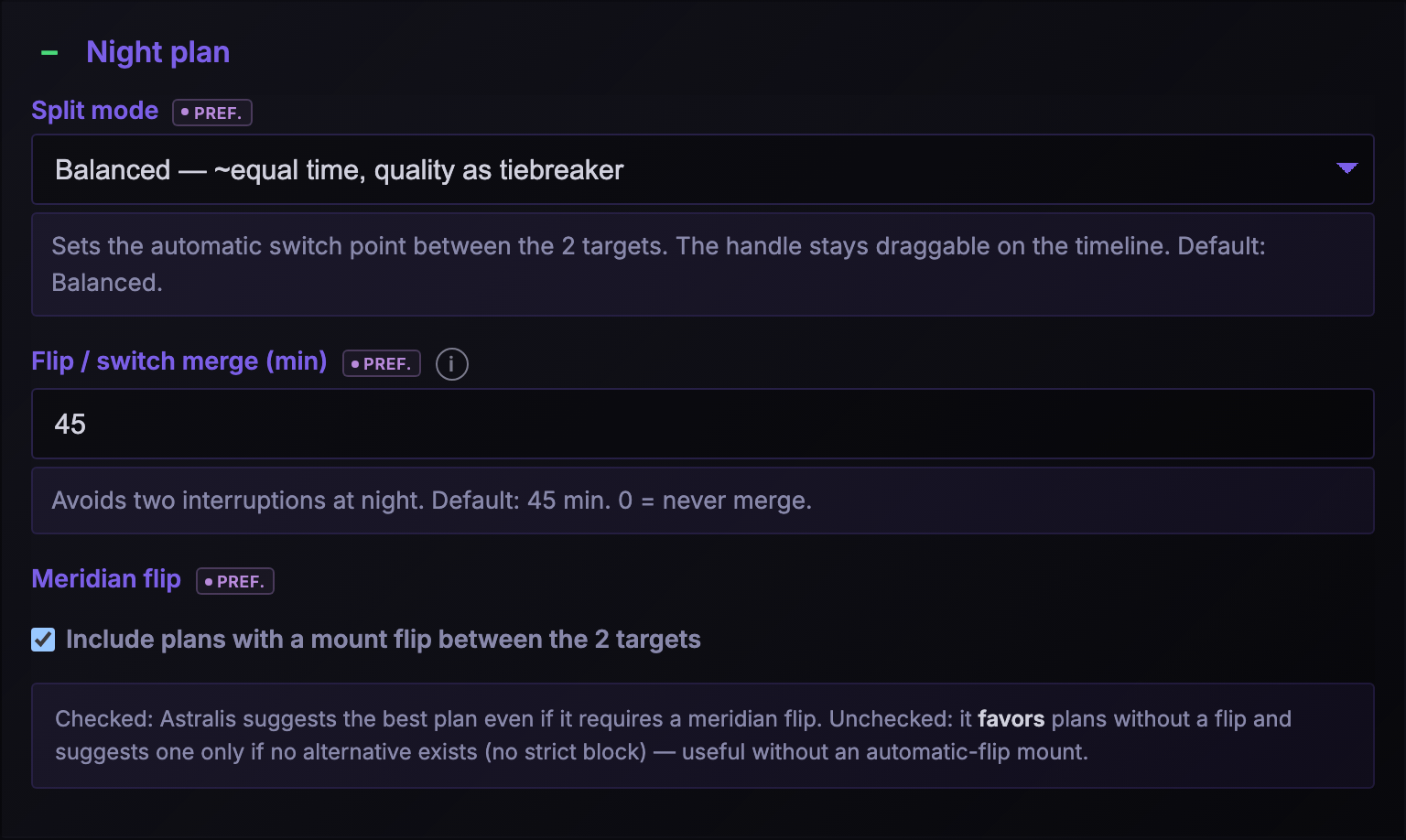 Settings: night plan