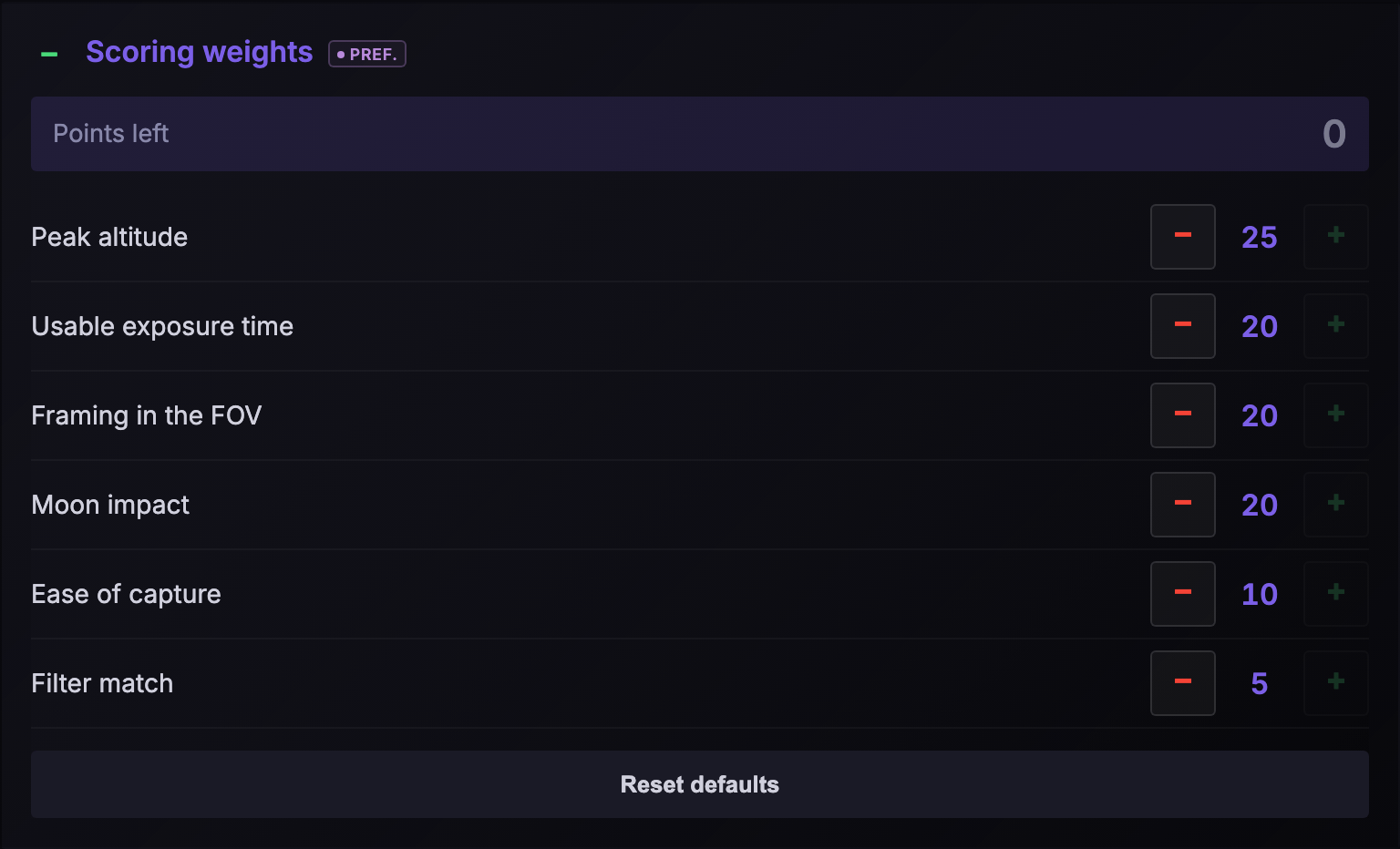 Settings: scoring weights