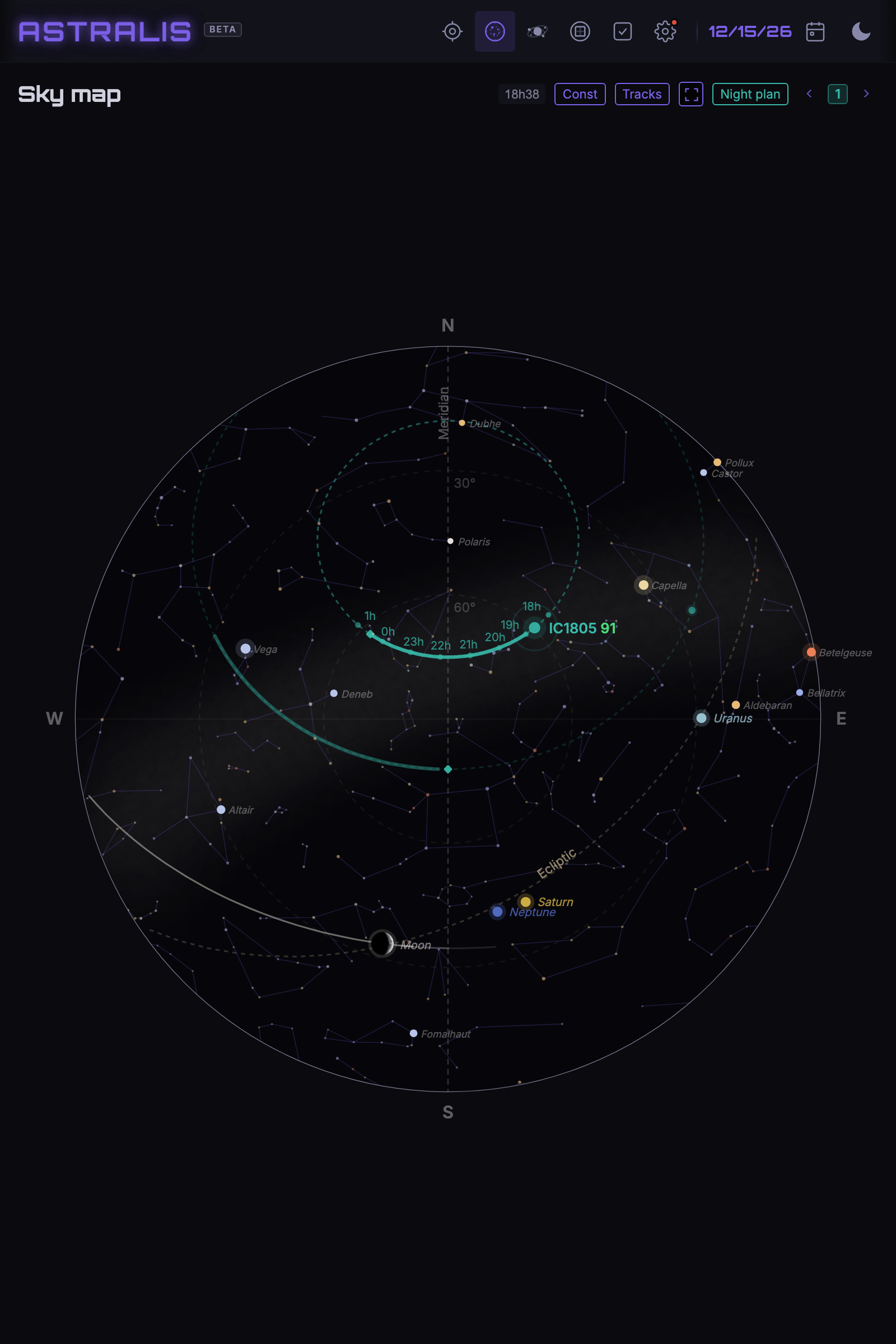 Sky map: the night plan's tracks (2 pinned targets) and the Moon, with hour markers