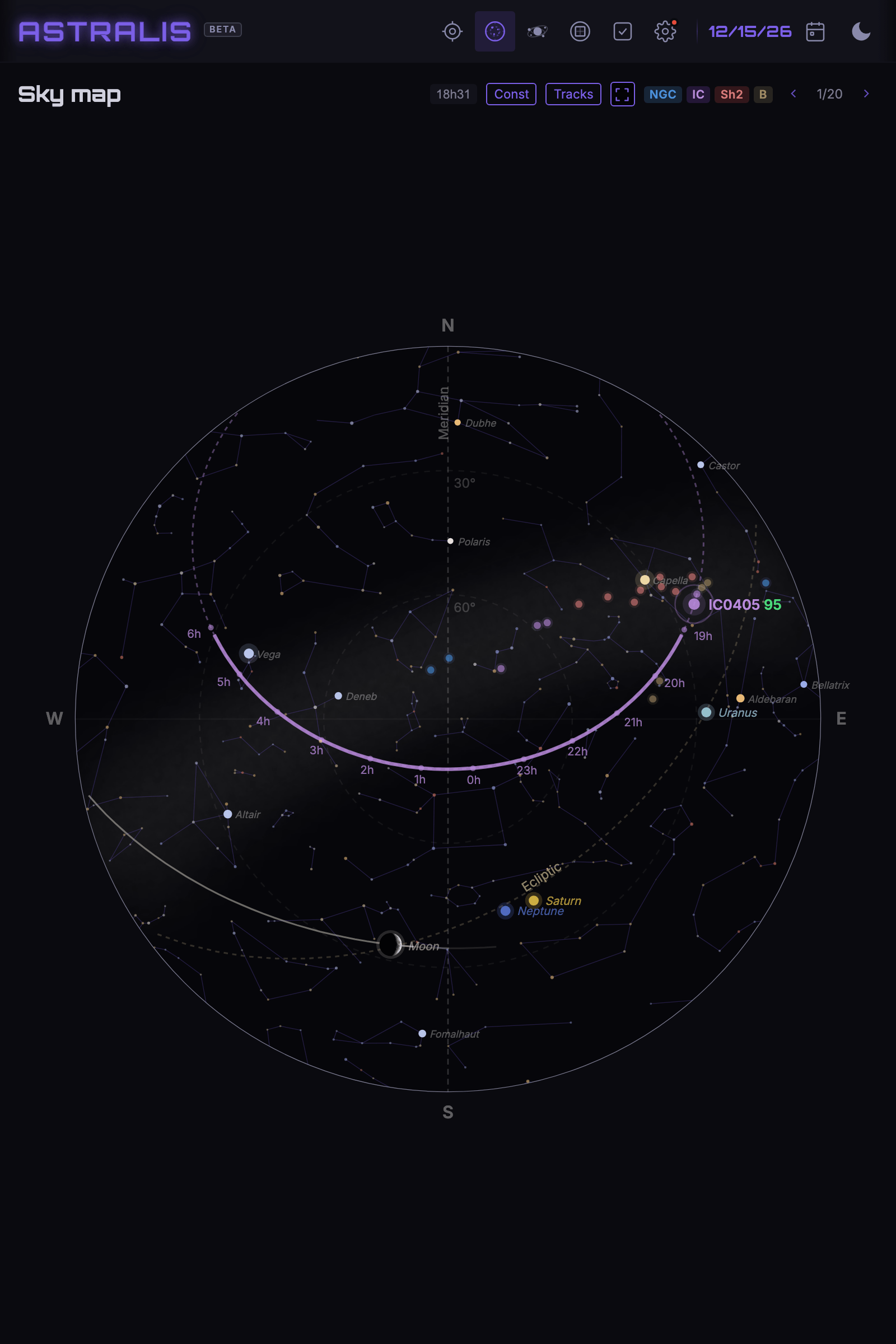 Sky map with the meridian, the ecliptic and the planets