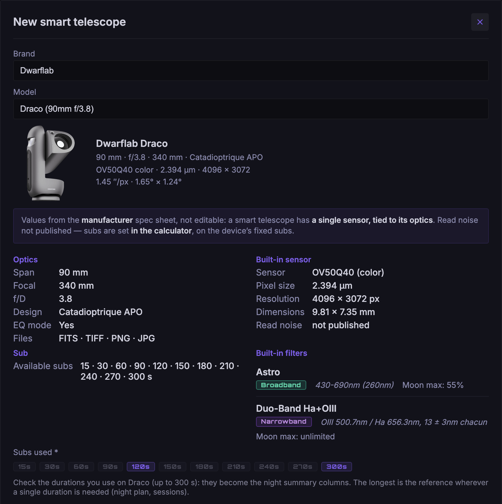 Add smart telescope dialog: brand, model, short name and subs